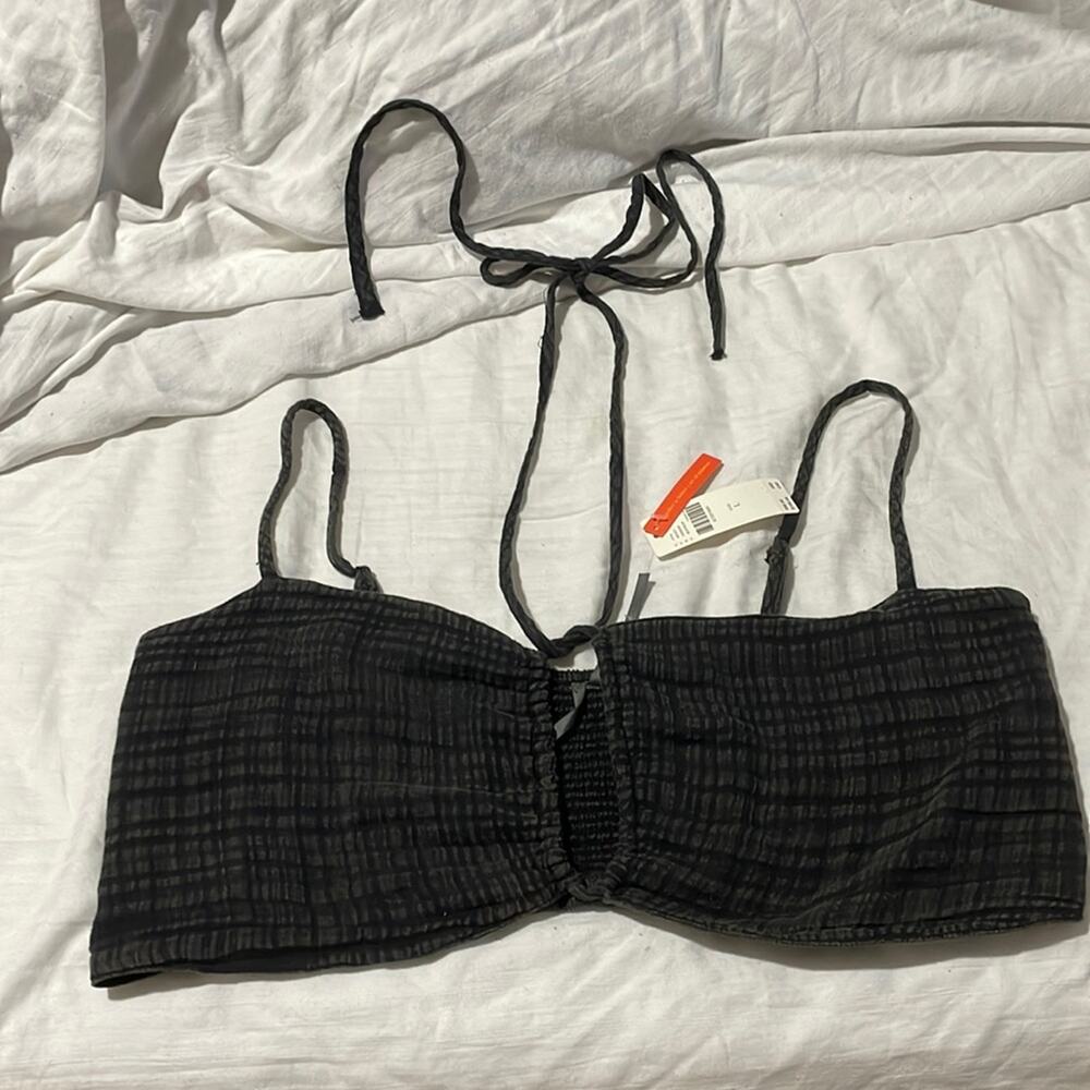 Anthropologie L grey black gauzy bandeu top straps elastic back NWT